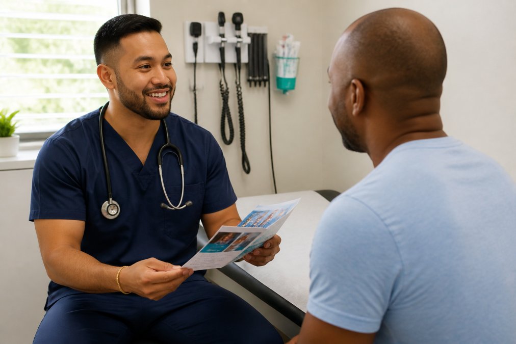 Healthcare provider explaining PrEP eligibility and lab requirements to a patient in a clinic.