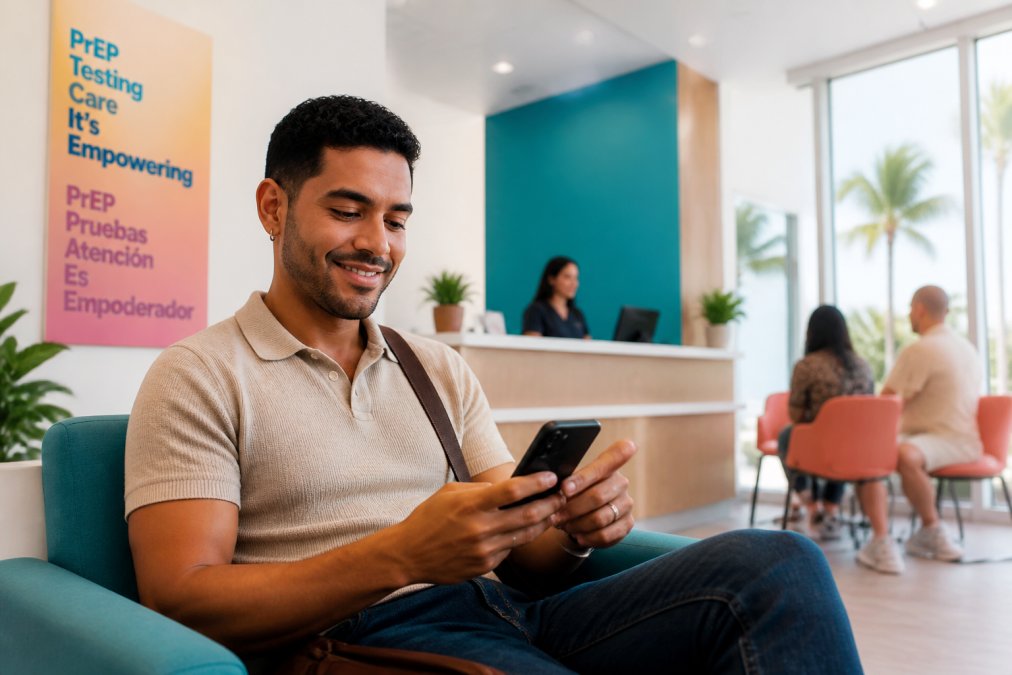 A person sitting in a bright clinic waiting room in Miami, holding a phone and smiling calmly, with a bilingual English and Spanish sign visible on the wall behind them