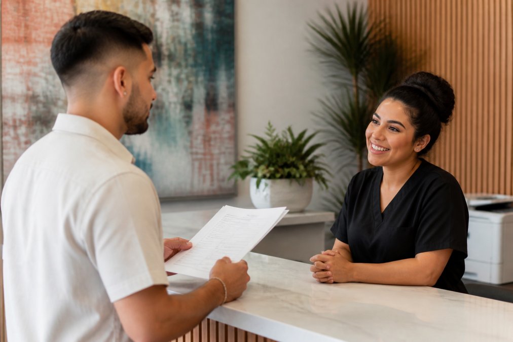 Patient checking in at clinic front desk with welcoming staff member, holding intake paperwork, calm and modern clinic interior with soft lighting