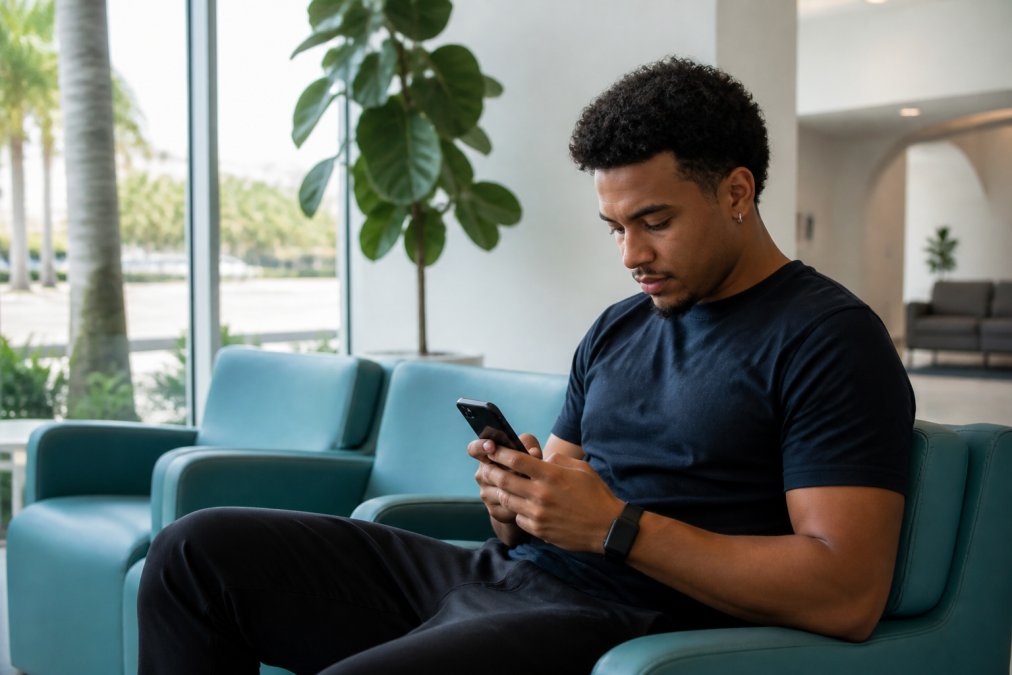 A person sitting comfortably in a bright, modern clinic waiting area, looking at their smartphone with a calm expression, natural light coming through windows