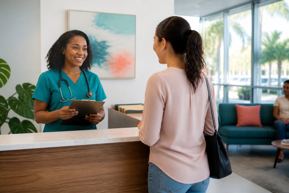 Professional healthcare worker greeting patient at modern medical clinic reception desk with welcoming smile and clipboard, natural lighting from windows
