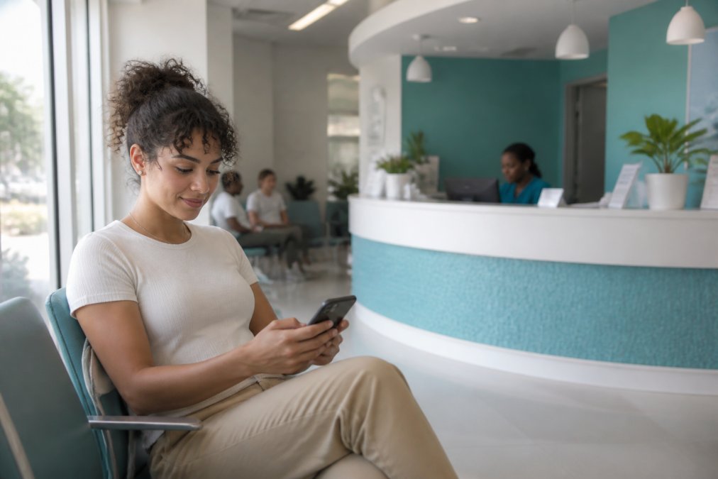 A young adult sitting in a bright, modern clinic waiting room in Miami, holding a phone and looking relaxed, with a bilingual front-desk sign visible in the background