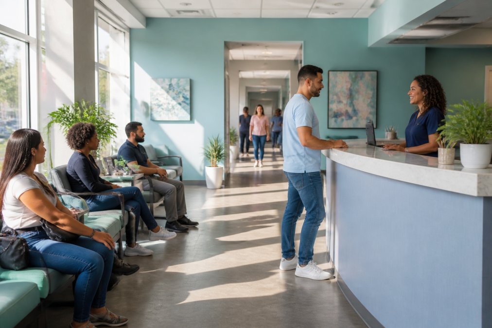 Welcoming healthcare clinic entrance with diverse group of patients in bright, clean waiting area, bilingual signage visible on walls, natural lighting through windows