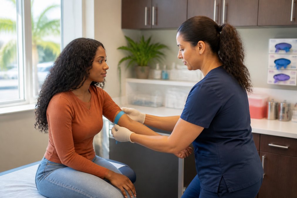 Healthcare provider in clinical setting preparing patient for STD test with calm, professional atmosphere and modern medical equipment