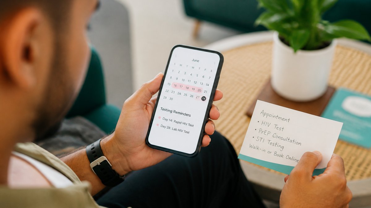 Person reviewing a calendar or timeline on their phone, with a clinic appointment card visible, showing the passage of time and testing schedule
