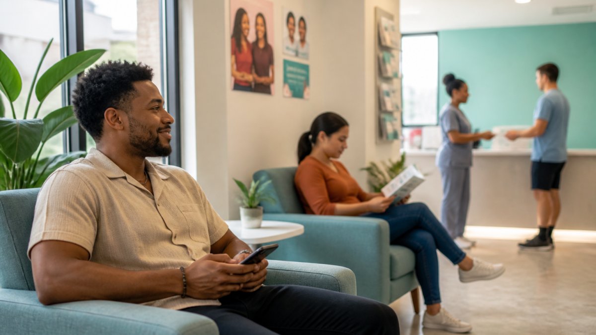 Patient waiting in a bright, comfortable clinic for their STD testing Kendall appointment.