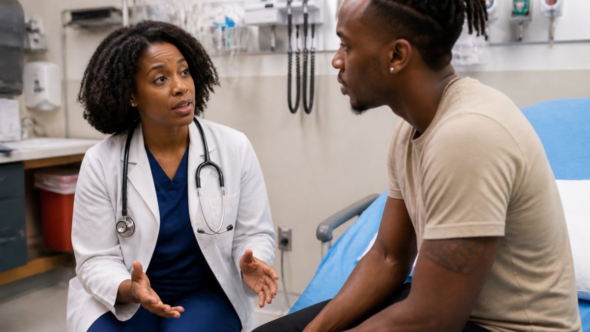 Healthcare provider speaking with patient in urgent care or emergency department setting, with medical equipment visible in background