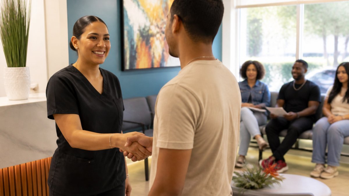 Healthcare provider greeting patient warmly in bright, clean clinic waiting room with comfortable seating and welcoming signage