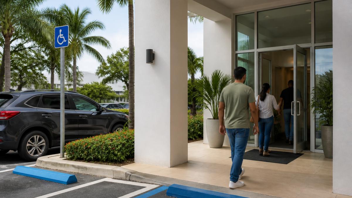 Welcoming medical clinic entrance in Kendall with clear signage, accessible parking visible, and diverse patients entering during daytime