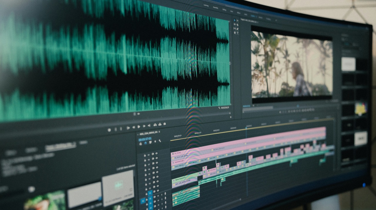Computer screen displaying video editing software with waveform, timeline, and preview window.