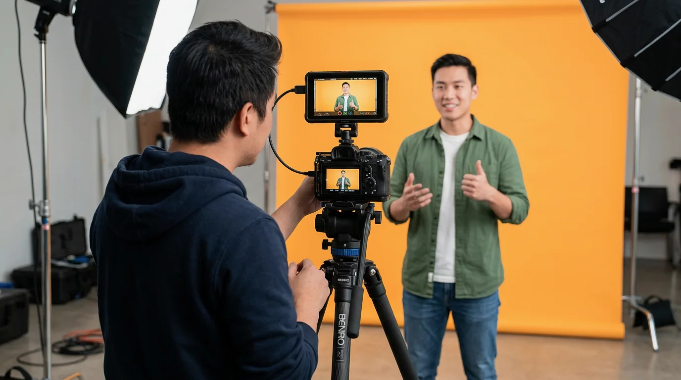 Man in green shirt giving thumbs up being recorded by another man with camera on tripod and orange backdrop.