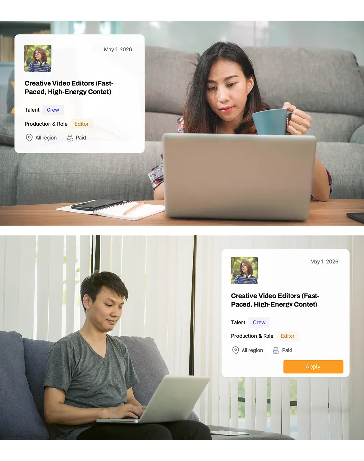 Two people working on laptops at home, with job listings for creative video editor roles shown onscreen.