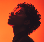 Side profile of person with curly hair and sunglasses against an orange background.