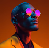 Profile of man wearing reflective round sunglasses with pink lenses against orange background.