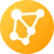 White molecular structure icon on an orange circular gradient background.