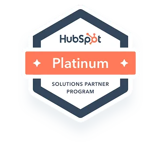 HubSpot Platinum Solutions Partner Program badge with hexagonal shape and orange banner.