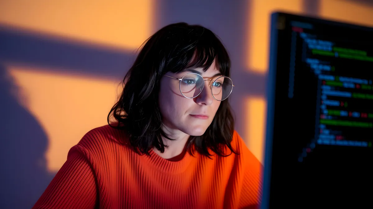 A woman wearing glasses looking at a computer screen.