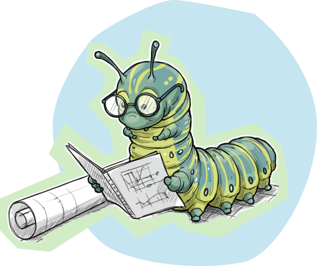 An illustration of a caterpillar with glasses reading a book