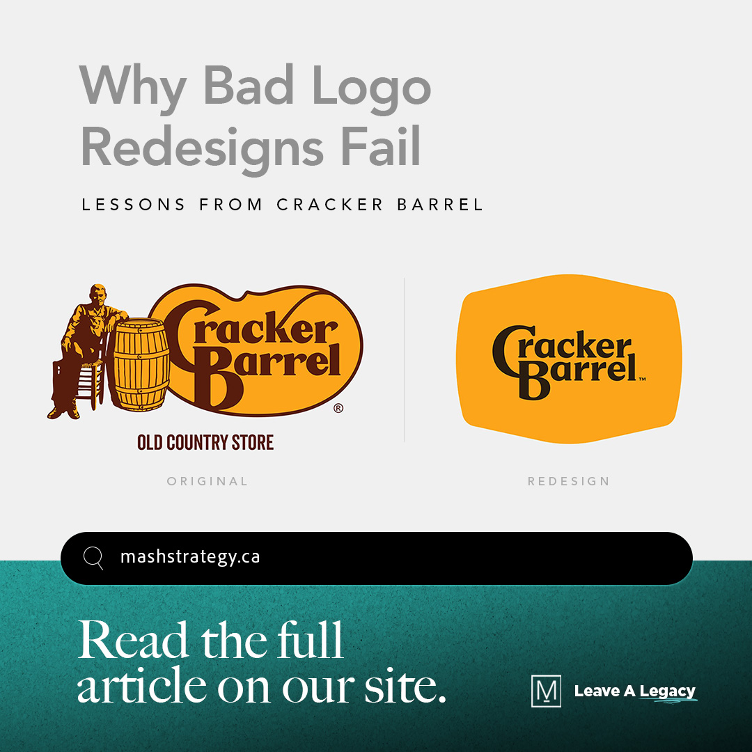 “Why Bad Logo Redesigns Fail” graphic comparing the original Cracker Barrel logo with its simplified redesign.