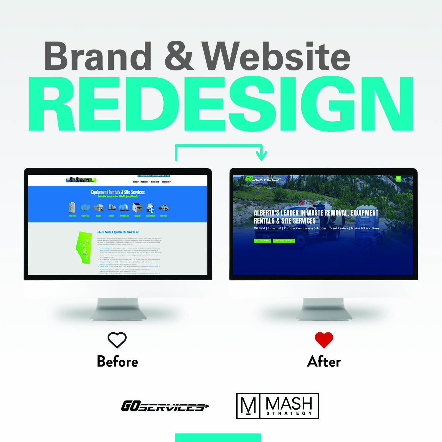 Brand and website redesign comparison shown on two computer screens