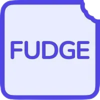 Blue square with rounded corners and a bite taken from top right corner with text 'FUDGE' inside.