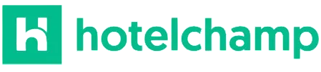Hotelchamp logo with stylized H icon and green text on black background.