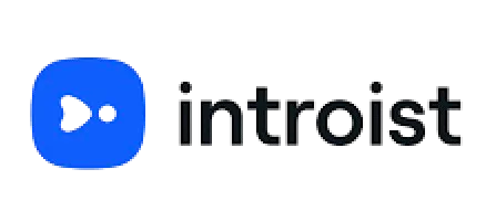 Introist logo with blue rounded square and stylized white play button and dot inside