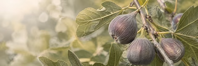 Three ripe figs hanging from a leafy branch with soft sunlight and blurred background.