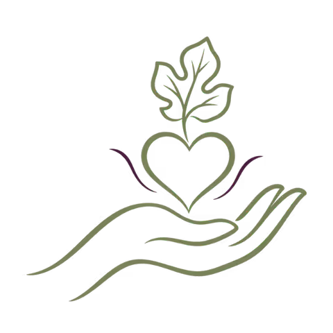 Outline of a hand holding a heart with a sprouting leaf growing from the top, symbolizing care and growth.