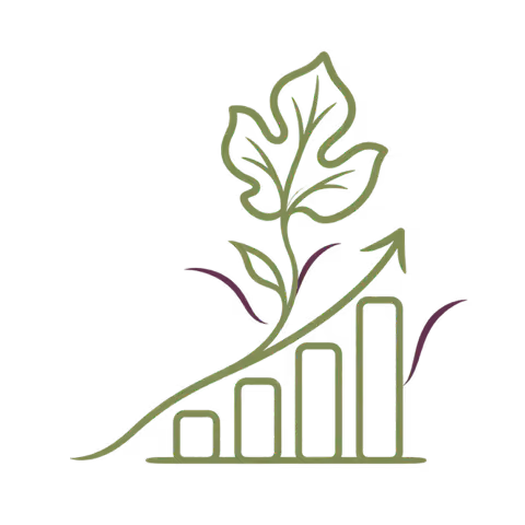 A stylized green leaf growing upward alongside a green bar chart with an arrow ascending from left to right, symbolizing growth.