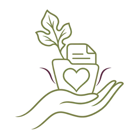 Outline of a hand holding a folder with a heart symbol and a paper sticking out, accompanied by a leaf growing from the folder, symbolizing care and growth.