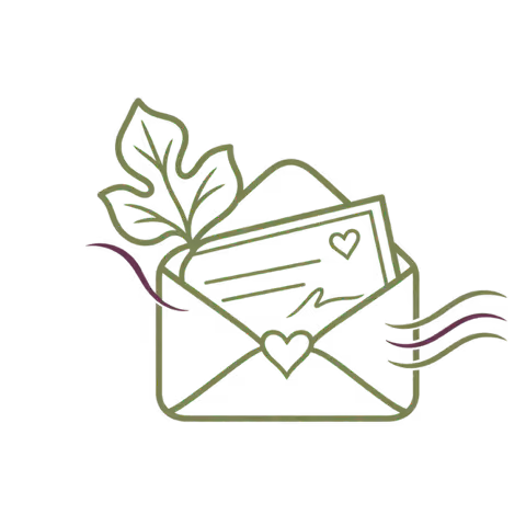A green line drawing of an open envelope with a heart seal, containing two letters with heart stamps and a sprig of leaves, symbolizing mail or a heartfelt message.