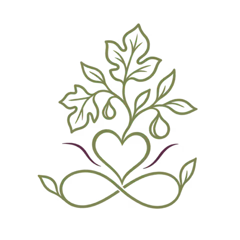 Stylized green foliage and leaves growing from a central heart shape, with two symmetrical loops resembling an infinity symbol at the base.