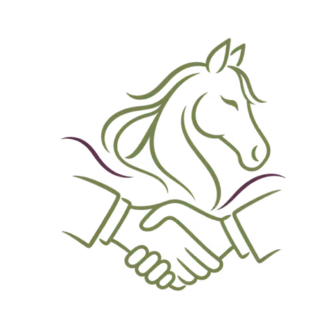 Outline drawing combining a horse's head with a handshake, symbolizing equestrian partnership.