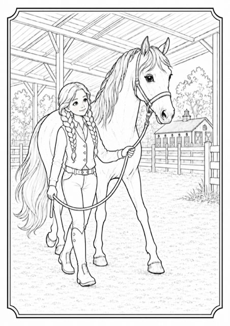 Line drawing of a girl with braided hair walking alongside a horse inside a covered stable area with fencing and a barn in the background.