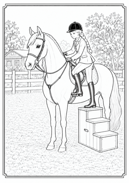 Black and white illustration of a young girl in equestrian attire mounting a horse using a three-step mounting block with a fenced yard, trees, and a barn in the background.