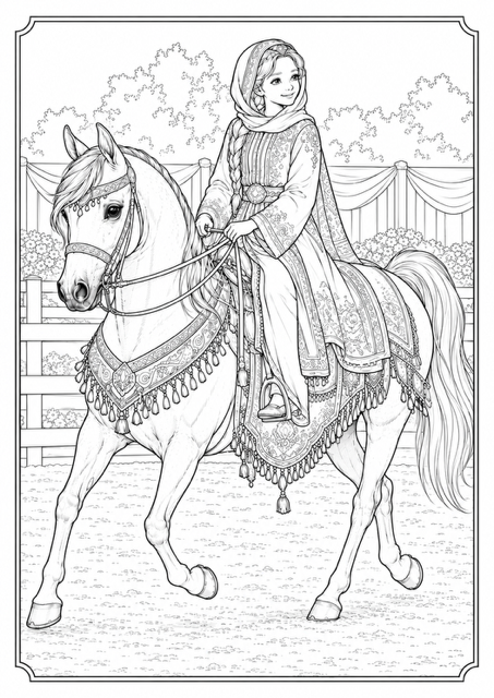 Black and white illustration of a girl wearing a headscarf and traditional dress riding a decorated horse with patterned cloth coverings inside a fenced area with trees and draped fabric in the background.