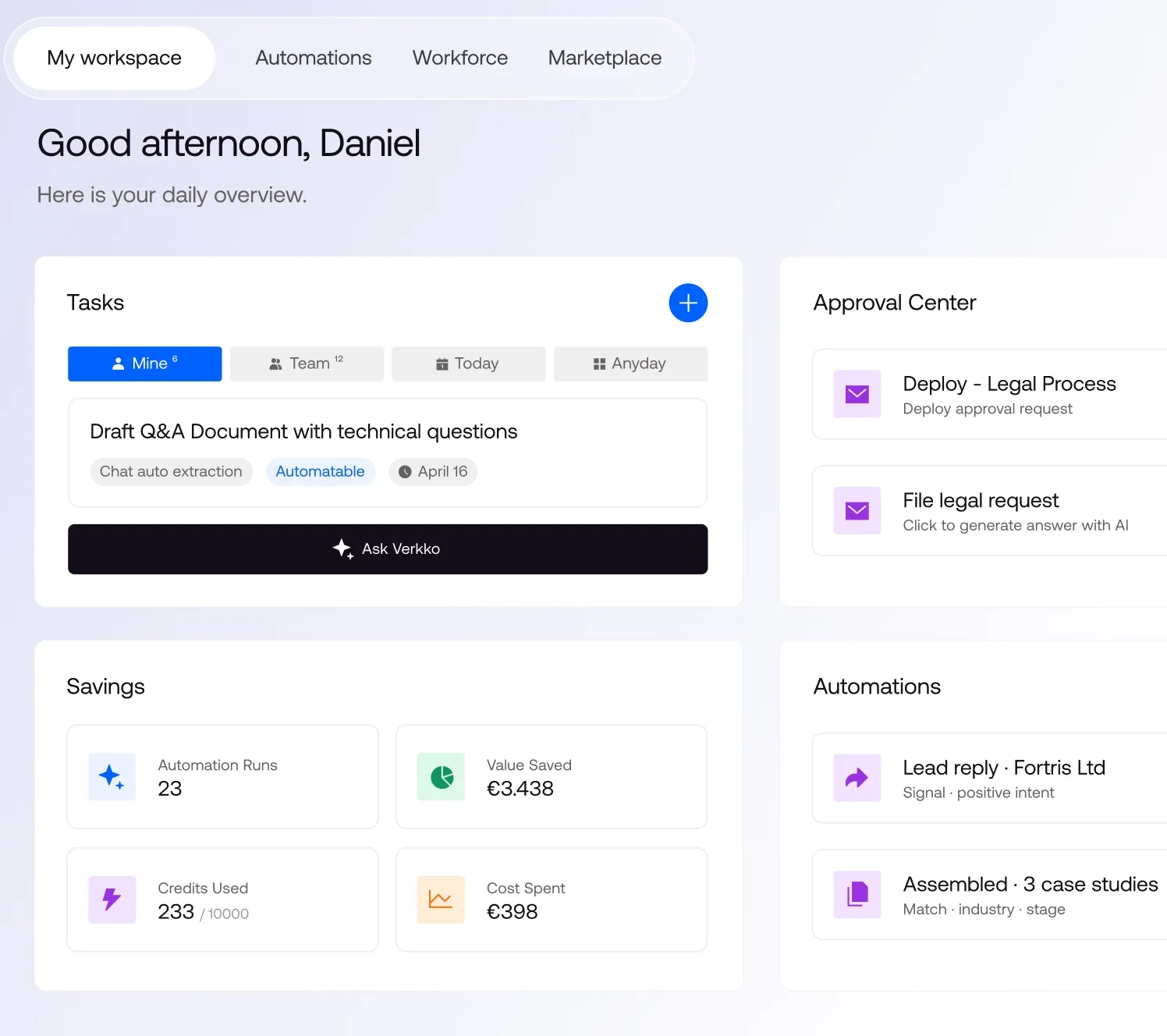Dashboard interface showing workspace tabs, greeting message, task list with a draft Q&A document, approval center with legal process tasks, savings summary including automation runs, value saved, credits used and cost spent, and automation tasks for lead reply and case studies.