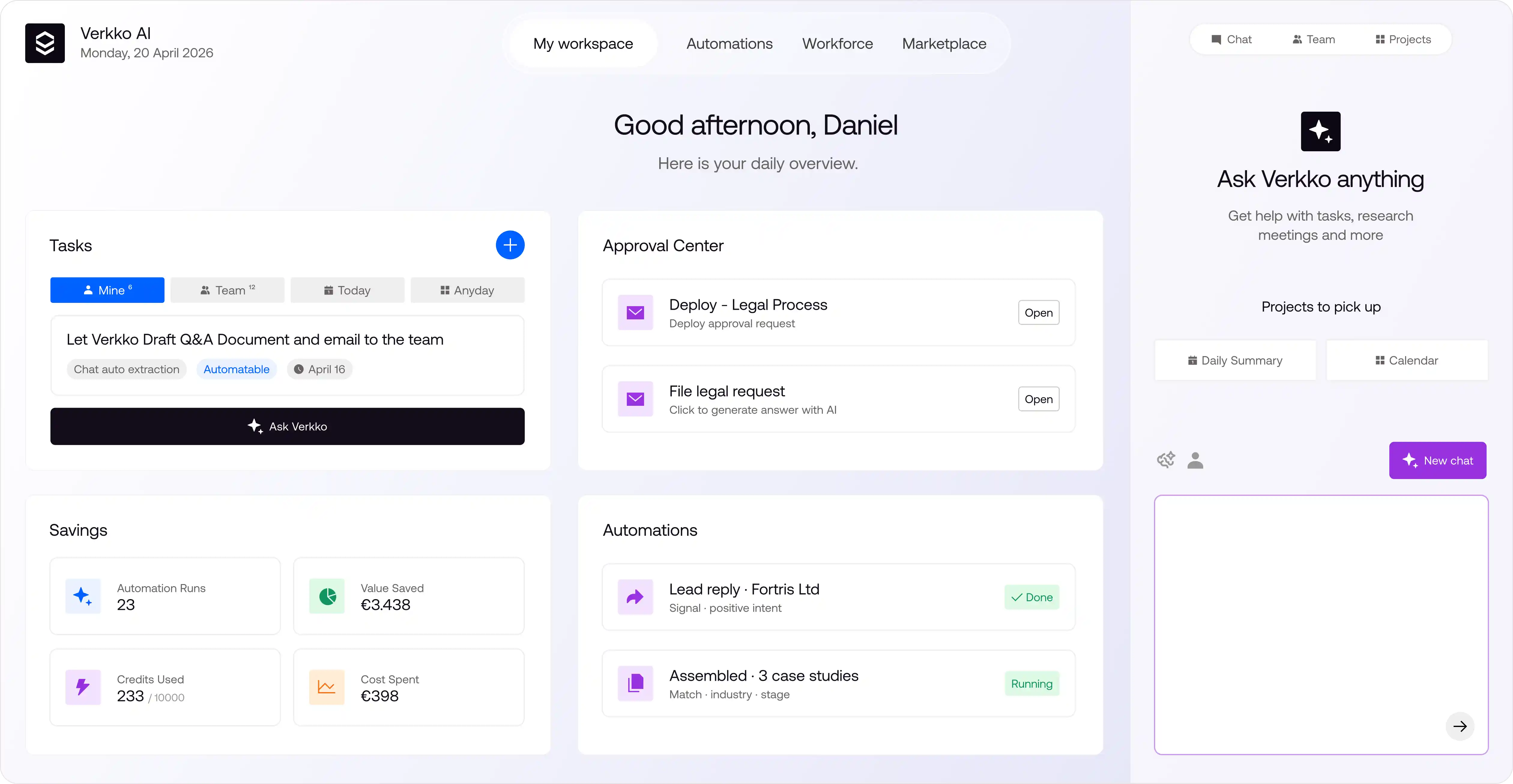 Verkko AI workspace dashboard showing tasks, approval center, savings, automations, and a chat interface.