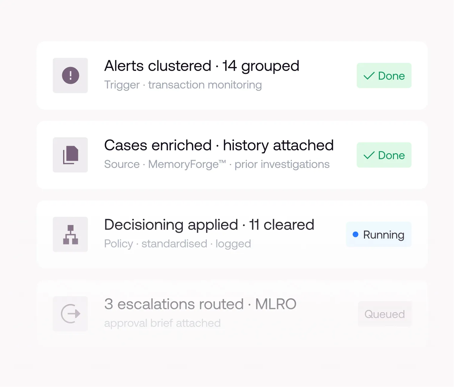 Task list showing statuses: Lead reply for Fortris Ltd marked Done, Assembled 3 case studies marked Done, Draft reply for CRM update marked Run, and Next meeting proposed marked Queued.