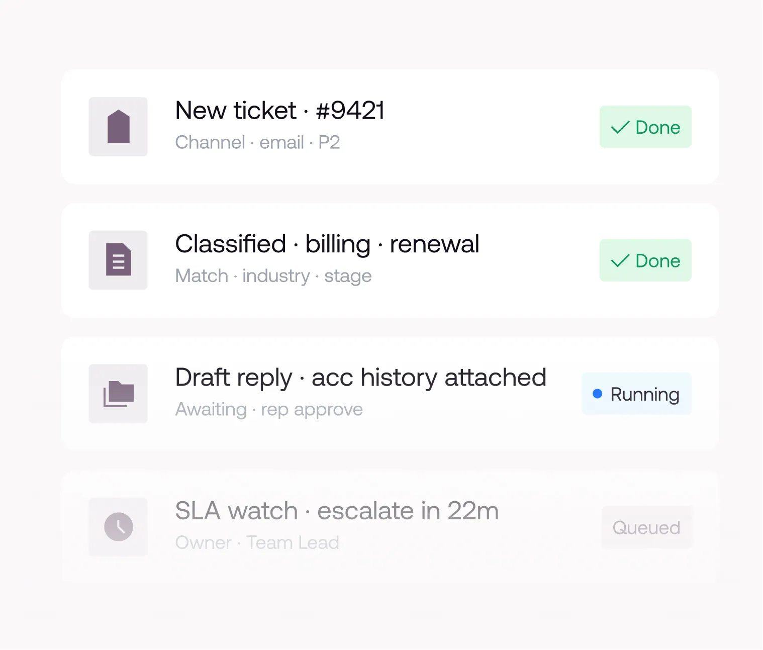Task list showing lead reply to Fortris Ltd marked done, assembled 3 case studies marked done, draft reply for CRM update with status 'Run', and next meeting proposed with status 'Queued'.