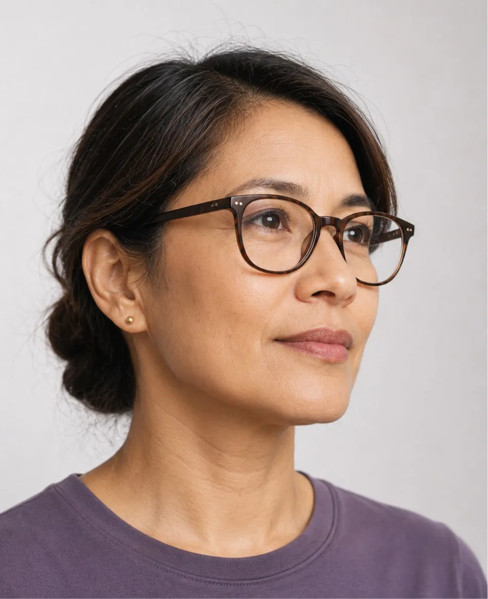 Woman with glasses and dark hair pulled back, wearing a purple shirt, looking slightly up and right.
