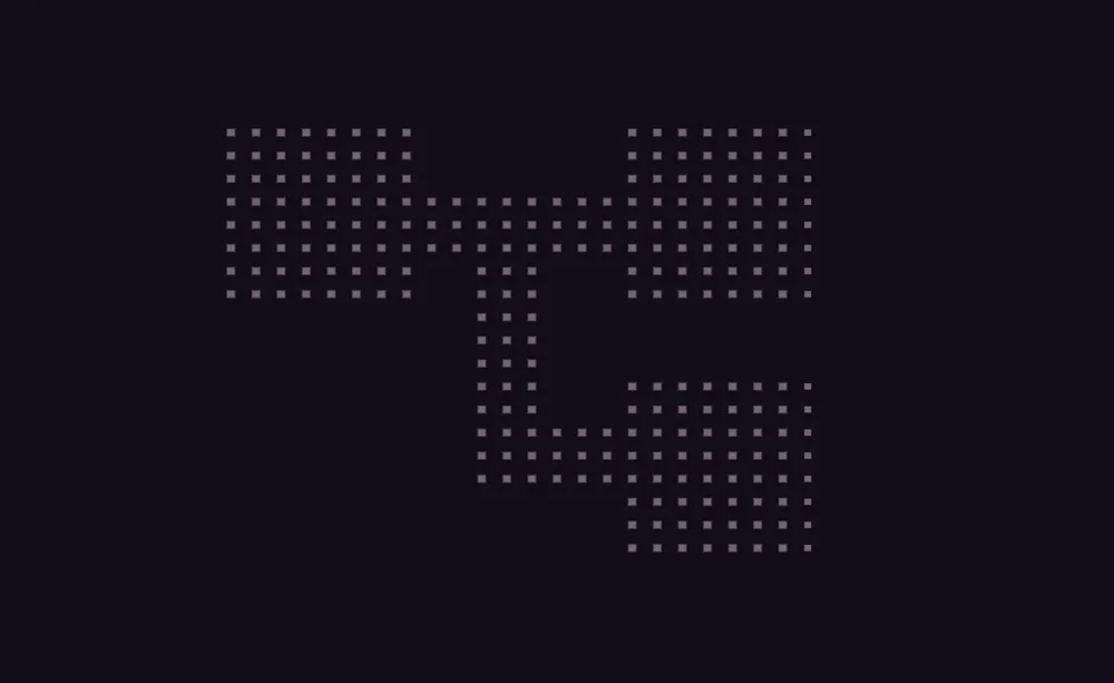 Three squares made of small purple dots connected by lines of dots on a dark background.