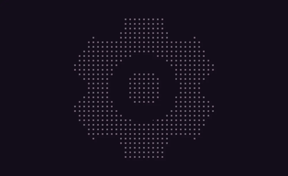 Three squares made of small purple dots connected by lines of dots on a dark background.