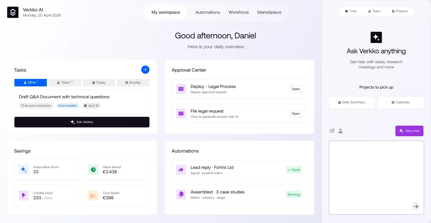 Verkko AI dashboard with tasks, approval center, savings, automations, and chat section for user Daniel.