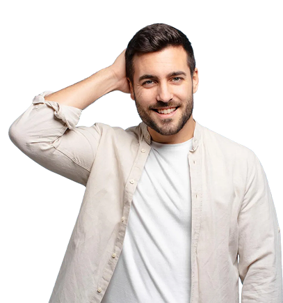 Smiling man with dark hair and beard wearing a white shirt and beige jacket, posing with one hand behind his head.
