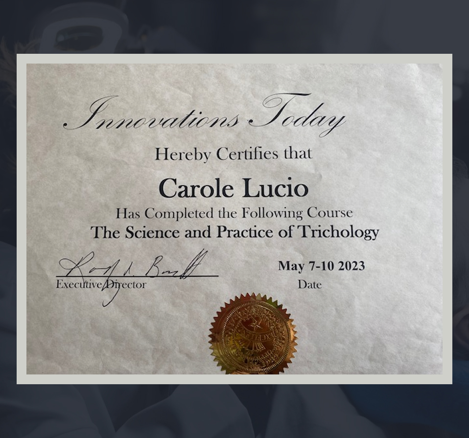 Certificate awarded to Carole Lucio for completing the course 'The Science and Practice of Trichology' from May 7-10, 2023, with a signature and a gold seal.