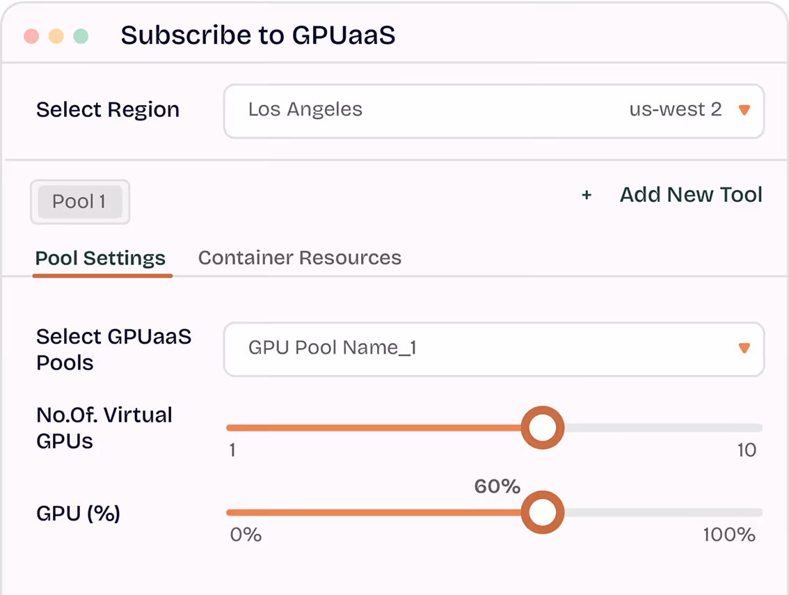 GPUaaS subscription interface showing region and pool settings with sliders for virtual GPUs and GPU percentage.