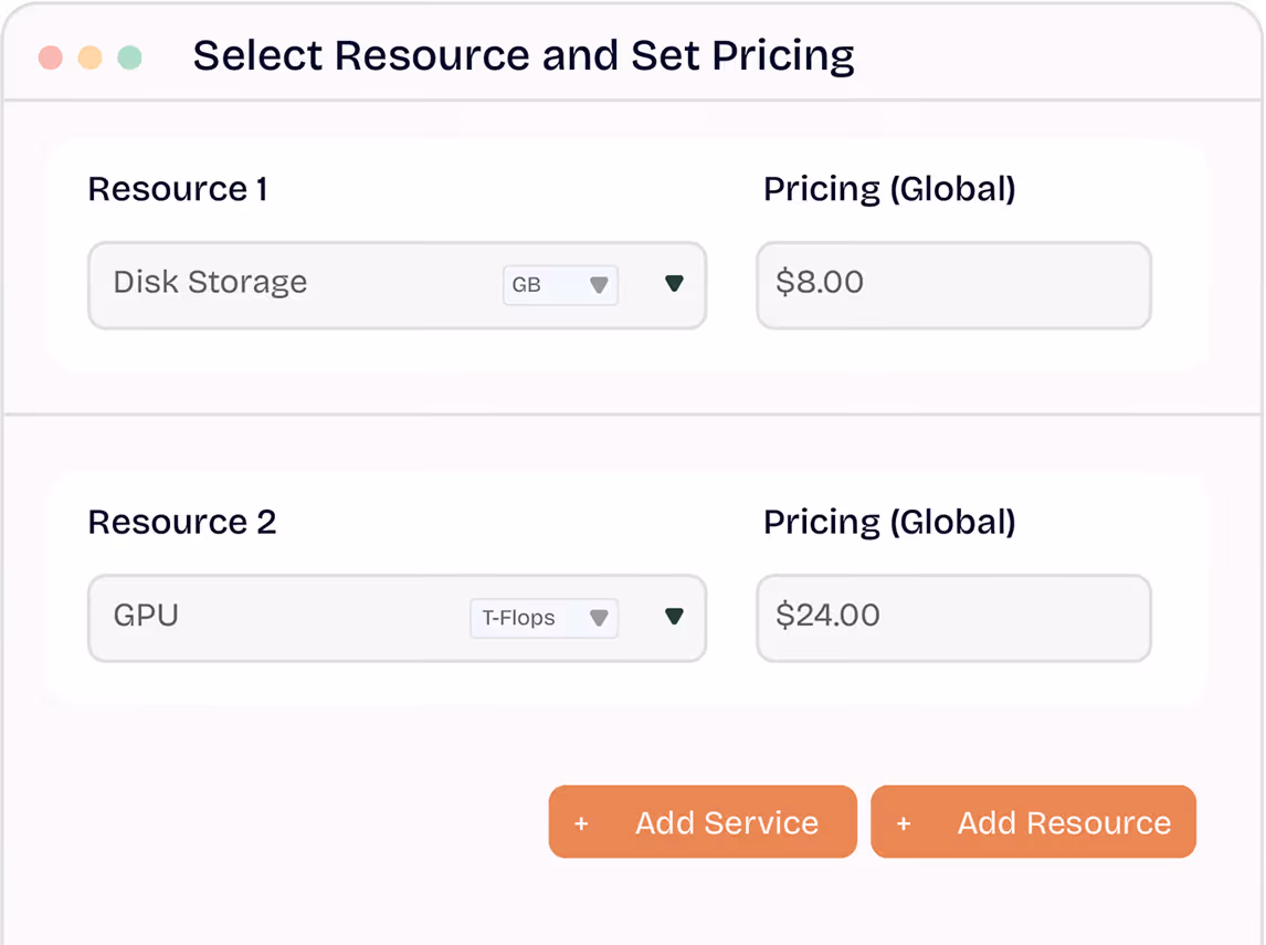 Interface to select resources disk storage and GPU with global pricing and options to add service or resource.