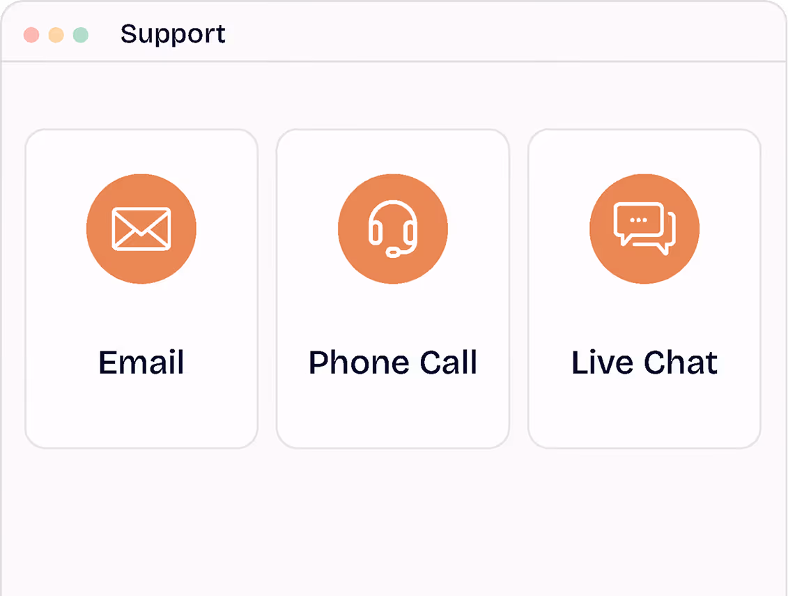 Support options: Email, Phone Call, and Live Chat with orange icons on a white interface.
